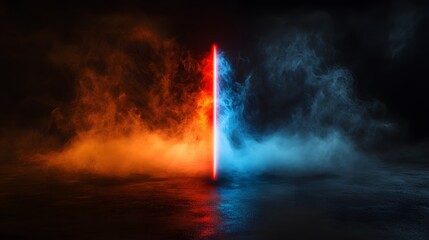 Wall Mural - A vibrant, contrasting neon light display illuminates a dark  space divided by a vertical neon line.