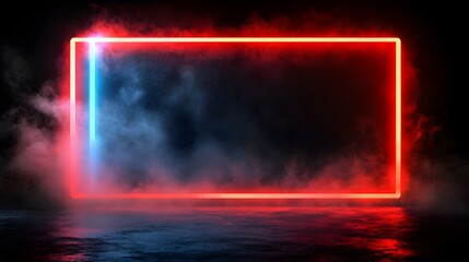 Wall Mural - A vibrant neon rectangle frame glows with red and blue light, highlighting a dark, smoky scene.