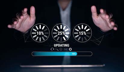 A concept of a system update and software installation. A progress bar and loading icons showing the update percentage and status. Motif