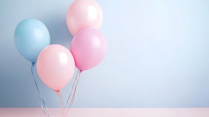 Wall Mural - Pastel-toned balloons in light blue and pink float against a muted backdrop, creating a cheerful and airy atmosphere.