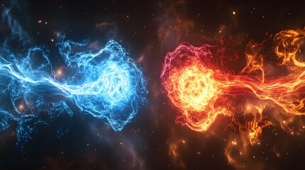 Wall Mural - Striking cosmic spectacle showcasing contrasting forces of energy, vibrant blue and fiery orange, against a backdrop of deep space.