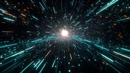Wall Mural - A vibrant, glowing tunnel of light bursts outward from a central point, radiating turquoise and orange streaks across a dark background.