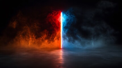 Wall Mural - A vibrant neon light display divides a dark  space filled with dramatic red and blue smoke, showcasing a contrasting atmosphere.