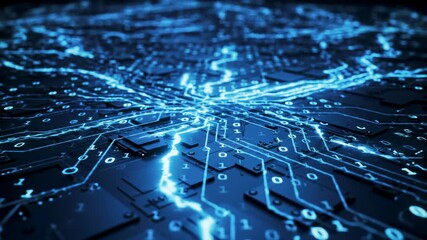Blue digital technology circuit board with binary code, data flow, and network connection.
