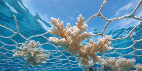 Coral reef with a net over it.