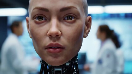 Realistic 3d animation of a female robot head with human-like skin looking around in a futuristic lab with scientists
