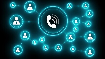 Businessman press web telephone icon button, Glowing neon background, Motion graphics of 