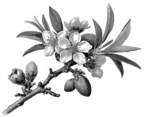 Almond Engraving. Antique Botanical Illustration of Almond Branch with Flower and Nut