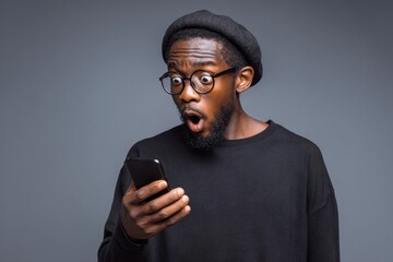 Black Guy Shocked Phone. Modern Smartphone Background with Astonished Guy Texting