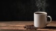© MKS - A warm and cozy coffee shop atmosphere is created by a mug mockup sitting on a rustic wooden surface, surrounded by a sprinkling of coffee beans