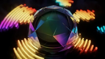 Abstract polygon sphere with iridescent colors and neon light trails, futuristic concept, technology background.