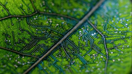 Nature's Circuitry: A Macro Photograph of a Leaf's Intricate Veins Resembling a Circuit Board
