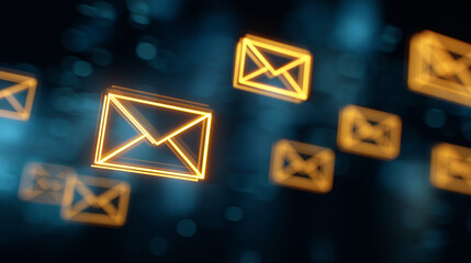 Vivid neon envelope icon in a futuristic digital setting, symbolizing email, messaging, and online communication. Ideal for tech, networking, and marketing visuals.