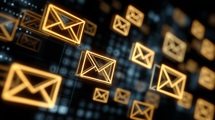 Vivid neon envelope icon in a futuristic digital setting, symbolizing email, messaging, and online communication. Ideal for tech, networking, and marketing visuals.