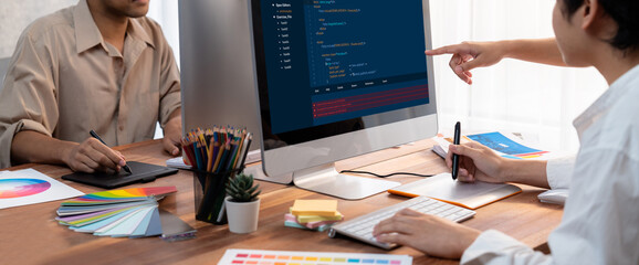 Software development programming on computer screen for brisk application and program coding