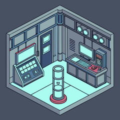 Isometric view of a futuristic laboratory control room featuring a computer station a large console with buttons and screens and a central cylindrical display unit with a heart symbol
