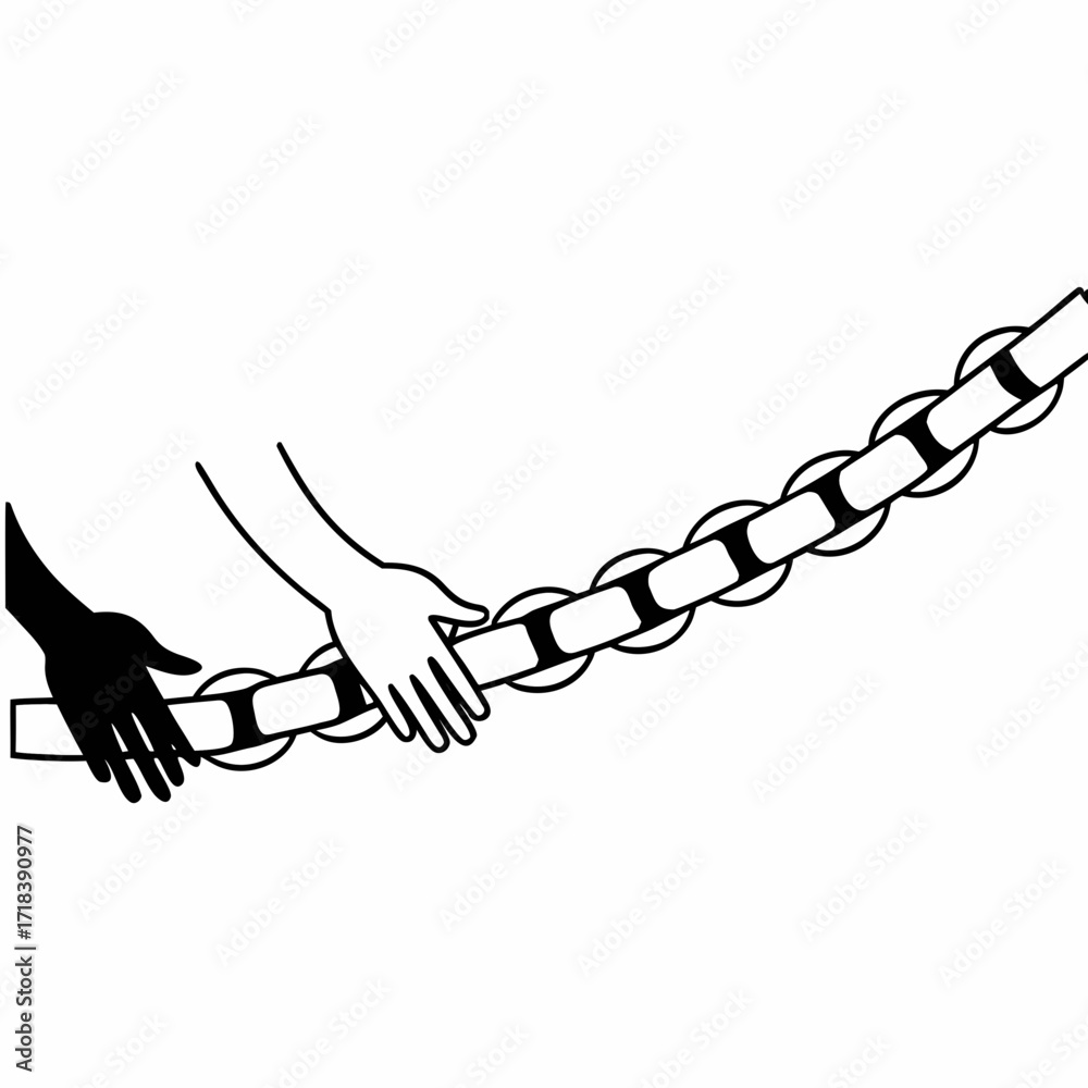 Two hands one black and one white grasp a chain link symbolizing unity ...