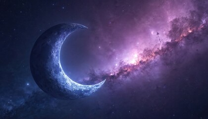 Wall Mural - Crescent moon glows against deep purple, blue starry night sky, filled with galaxy, cosmic nebula. Ethereal light, mystical atmosphere, dreamlike scenery evoke wonder, tranquility. Infinite universe,