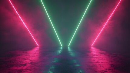 Wall Mural - Vibrant neon lights illuminate a smoky, dark concrete stage, casting striking pink and teal reflections.