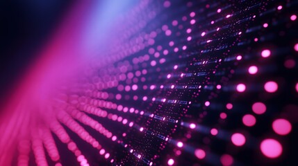 Wall Mural - A vibrant, abstract display of glowing, pink and purple dots arranged in a structured pattern against a dark backdrop, creating a sense of depth and futuristic energy.