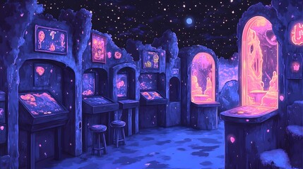 Wall Mural - A neon-lit arcade under a starry night sky, showcasing glowing  consoles and archways to otherworldly landscapes.