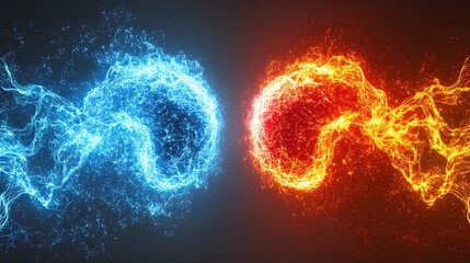 Wall Mural - Two opposing forces collide in a vibrant display of energy, showcasing a dynamic interplay of contrasting, glowing spheres.