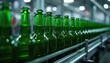 © Viktor - Green beer bottles move on production line in modern factory. Automated machinery facilitates bottling process. Rows of transparent containers on conveyor belt signify efficient manufacturing,