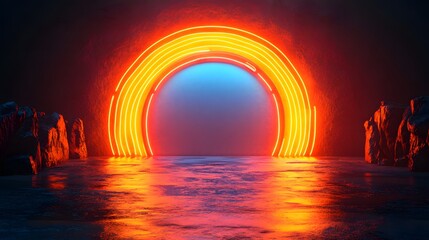 Wall Mural - A vibrant neon archway, illuminated by warm orange and cool blue hues, leads into a mysterious space, surrounded by textured rock formations, reflecting on a calm body of water.