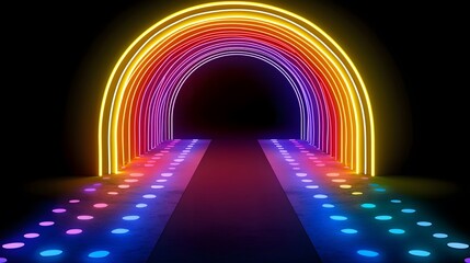 Wall Mural - a vibrant neon rainbow archway leads down a path of colorful lights, creating an energetic and futur
