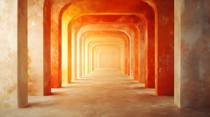 Wall Mural - A sun-drenched tunnel of arches, glowing with warm orange and beige tones, creates a captivating perspective.