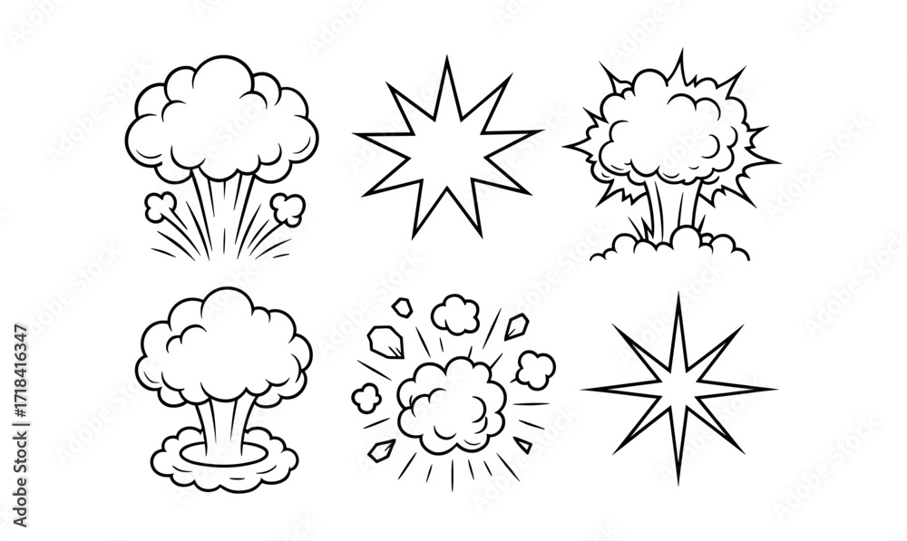 Cartoon explosion icons set in outline style for retro comic design ...