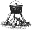 © cac_tus - Cast iron pot sketch, hand drawn campfire tripod with firewood — stock vector