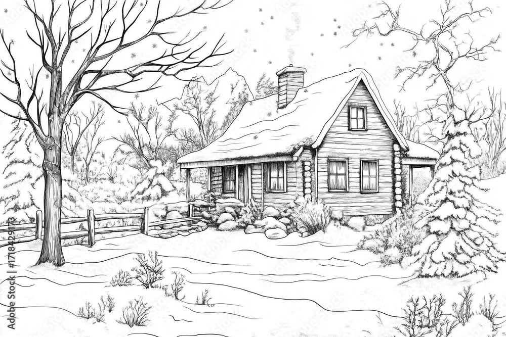 Cozy log cabin in snowy winter landscape coloring page for adults Stock ...