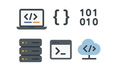 Minimalist coding and development icons with laptop, server, and cloud elements