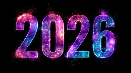 Wall Mural - Colorful cosmic numbers representing year 2026, featuring vibrant hues of purple, blue, and pink against black background, creating mesmerizing and futuristic appearance