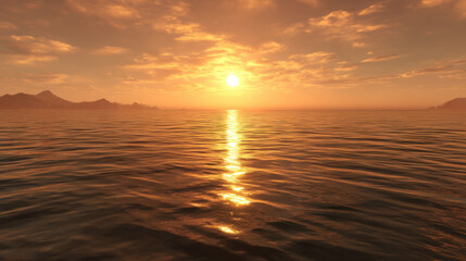 Wall Mural - Serene sunset over calm ocean, with golden hues reflecting on water surface. distant mountains create tranquil backdrop, enhancing peaceful atmosphere