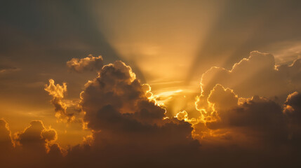 Wall Mural - Majestic sunset with vibrant rays of light breaking through fluffy clouds, creating serene and peaceful atmosphere. warm hues of orange and gold evoke sense of tranquility and wonder