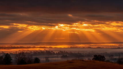 Wall Mural - Breathtaking sunset illuminates landscape with golden rays piercing through clouds, casting warm glow over serene valley and distant hills. scene evokes tranquility and awe