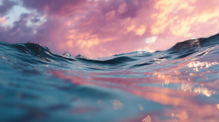 Wall Mural - Serene ocean scene captures gentle waves reflecting colorful sunset sky. tranquil water glistens under warm hues of pink and orange, evoking sense of peace and beauty