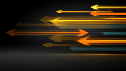 Wall Mural - Dynamic arrows in motion create sense of speed and direction, showcasing vibrant colors like orange and blue against dark background. This abstract design evokes energy and movement