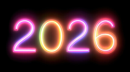 Wall Mural - Bright neon numbers representing year 2026, glowing in vibrant colors against dark background, creating festive and modern atmosphere