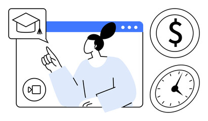 Wall Mural - Woman pointing to graduation cap icon within video call interface. Nearby dollar symbol and clock convey cost and time aspects. Ideal for e-learning, education, time management, budgeting