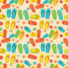 Colorful Flip Flops and Seashells Pattern on Beach Sand