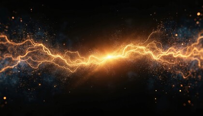 Wall Mural - Abstract background features vibrant orange lightning, glowing particles against dark, cosmic backdrop. High-energy visual suggests powerful forces, scientific concepts, vastness of space, ideal for