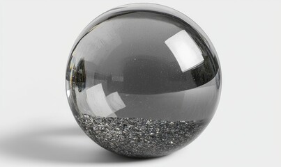 A clear glass sphere with dark gray pebbles at the bottom