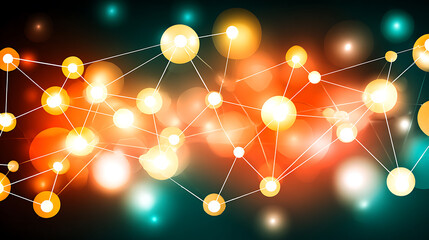 Abstract network of glowing nodes connected by lines against a colorful bokeh background