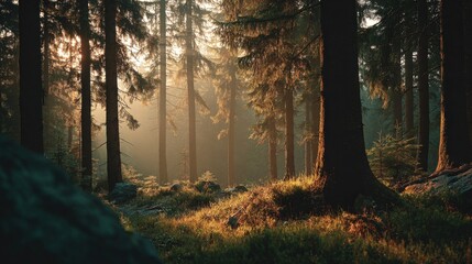 Wall Mural - Sunlit Forest Scene: Majestic Trees and Golden Light Illuminating a Peaceful, Natural Woodland Environment