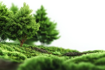 Wall Mural - Miniature Landscape with Lush Green Moss and Trees Against a White Background, Ideal for Nature Concepts