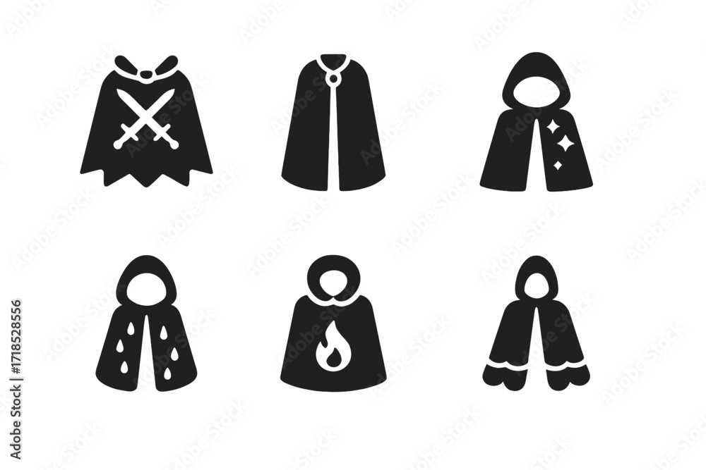 Cape Icons Collection. Solid, filled icon set of cape uses: battle cape ...