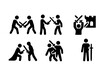 © Coosh448 - Sword Combat Icons. Solid, filled icon set of sword combat scenarios: duel, battle, training, tournament, siege, assassination, rescue, guard duty. Solid,